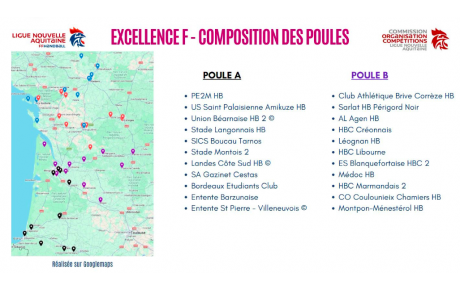 Excellence régionale - Saison 2026/2027 - 4 équipes de Gironde au sud, les 5 autres à l'est
